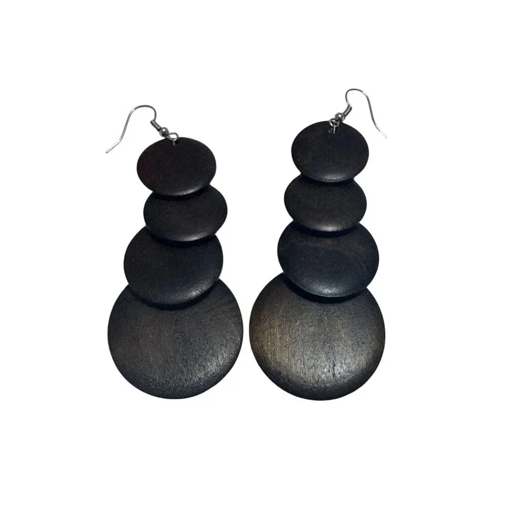 Wood Dangle Earrings Multi-Tiered Dark Brown Lightweight Bohemian Statement - Picture 1 of 5